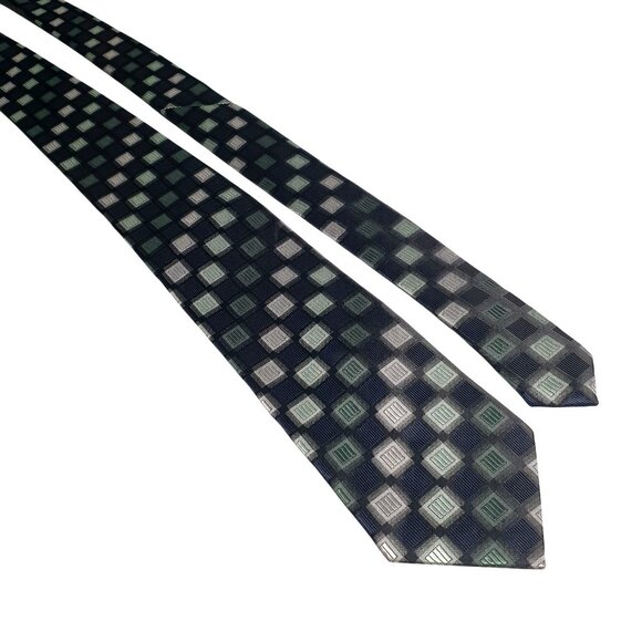 Croft Barrow Geometric Checkered Tie Navy Green Gray Polyester Office Gift Dad - Picture 1 of 6